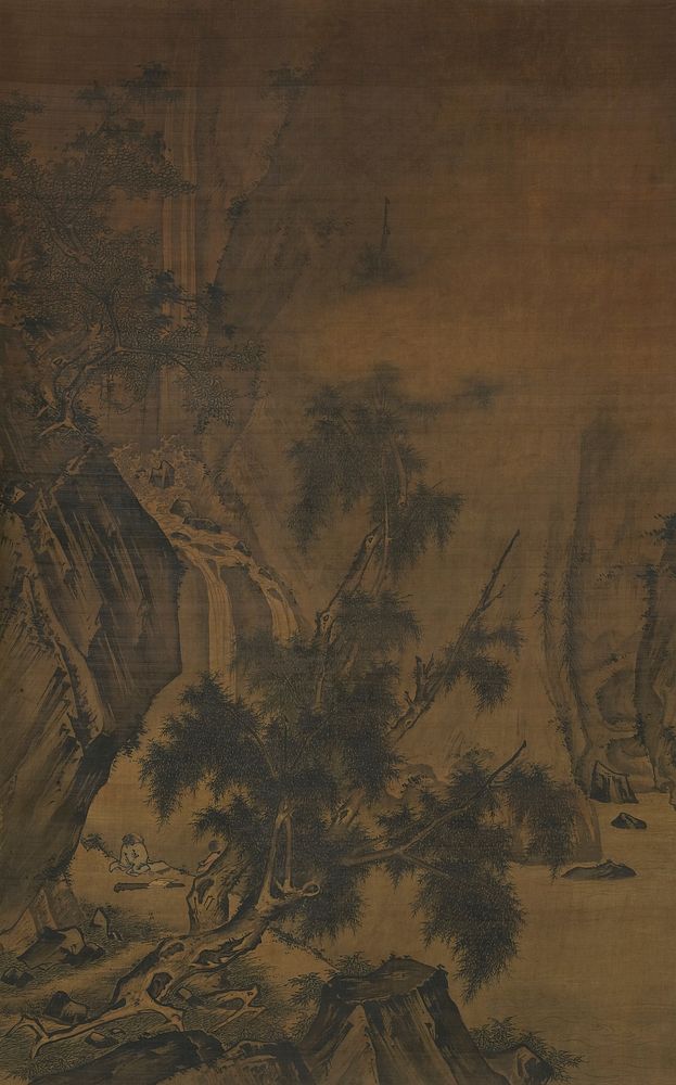 scholar and attendant in LL corner on a riverbank looking at a waterfall at L; rocky landscape; scattered trees with gnarled…