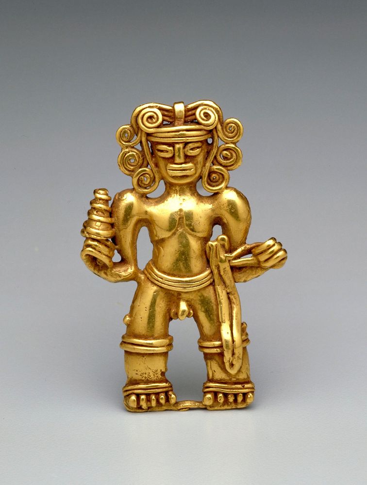 miniature figure of a Man with a Rattle; lost wax casting in gold; this figure was found in the South Central region of…