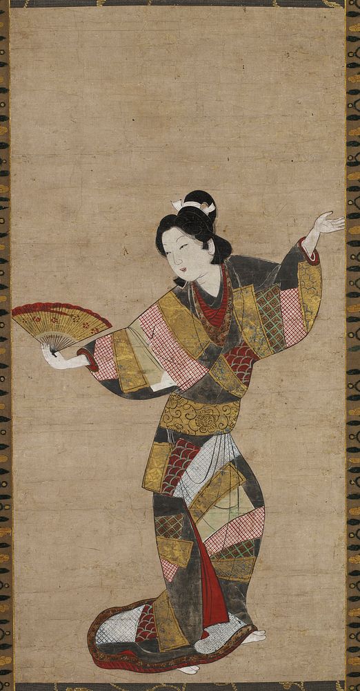 Single female figure dancing. She wears a colorful kimono with a design of colorful fabrics in red, black, gold, and light…