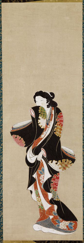 Single female figure with her sleeve-covered hand covering the lower part of her face. She wears multiple robes: outermost…