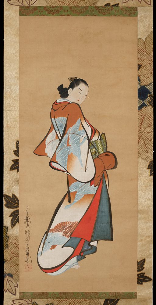 Standing prostitute wearing a kimono decorated with flying geese. Original from the Minneapolis Institute of Art.
