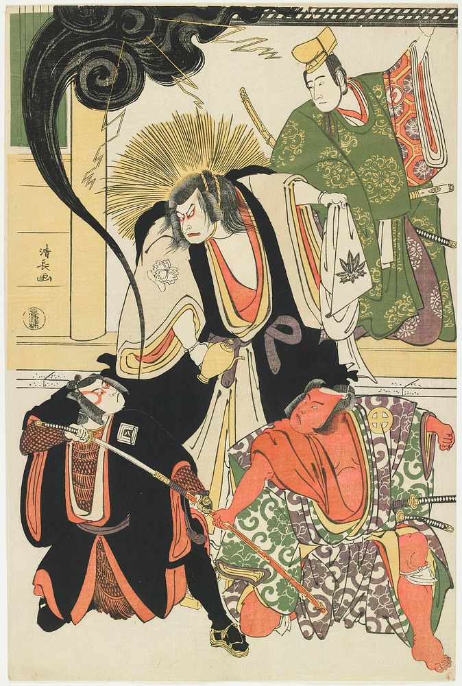 The Actors Nakayama Kojūrō VI as Hatchōtsubute no Kiheiji, Ōtani Hiroji III as Miura Arajirō, Ichikawa Yaozō III as Aku…