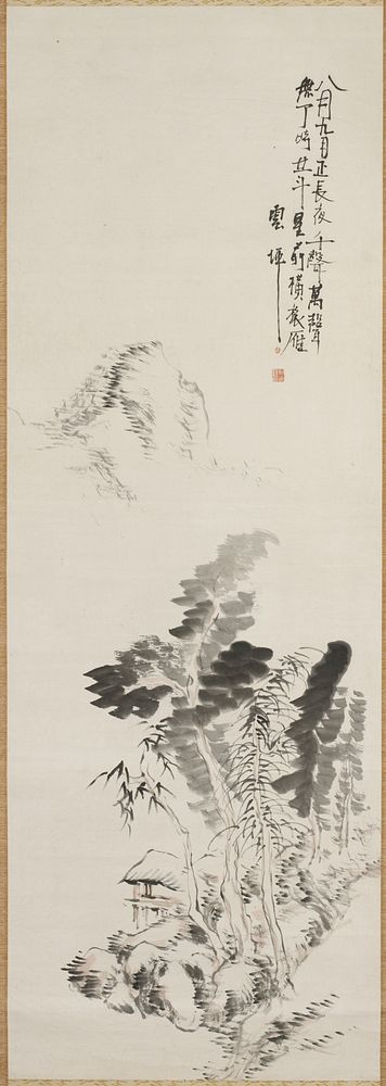 Simplified rendering of a scholar's waterside retreat beneath a grove of broad-leafed trees; faint image of a mountain peak…