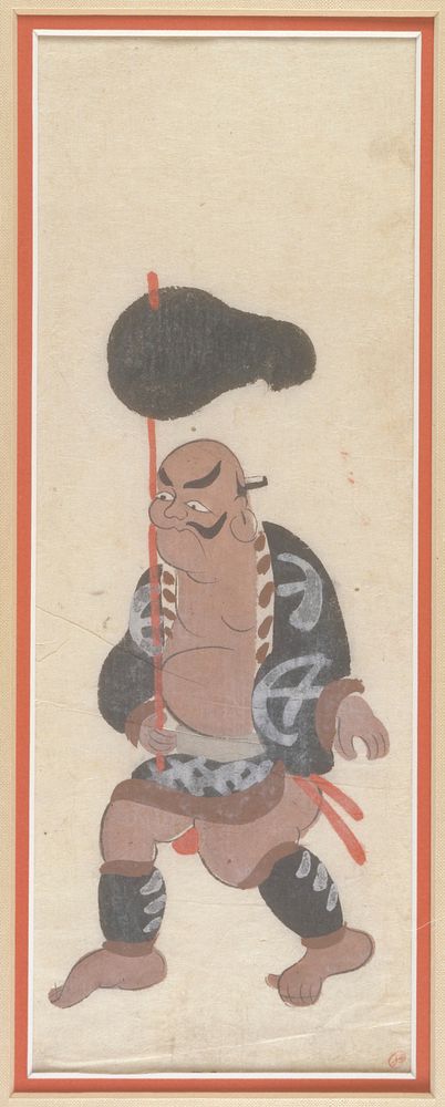 Striding man with pot-belly wearing an open-fronted shirt carrying a red staff in his PR hand with a black gourd-shaped…