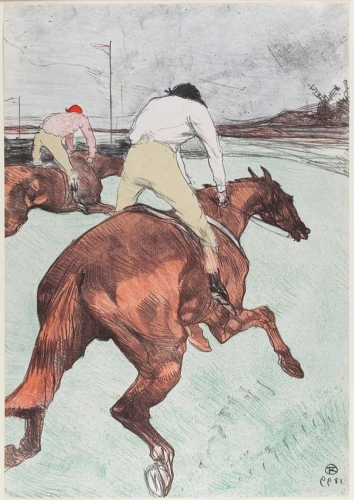two red-brown horses in full gallop, seen from back PR side; foreground horse ridden by figure in tan pants, white shirt and…