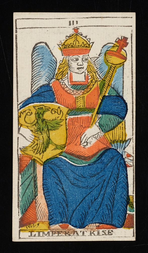 woman in crown sitting holding a scepter in her left hand and a shield with an eagle in her right; Roman numeral III printed…