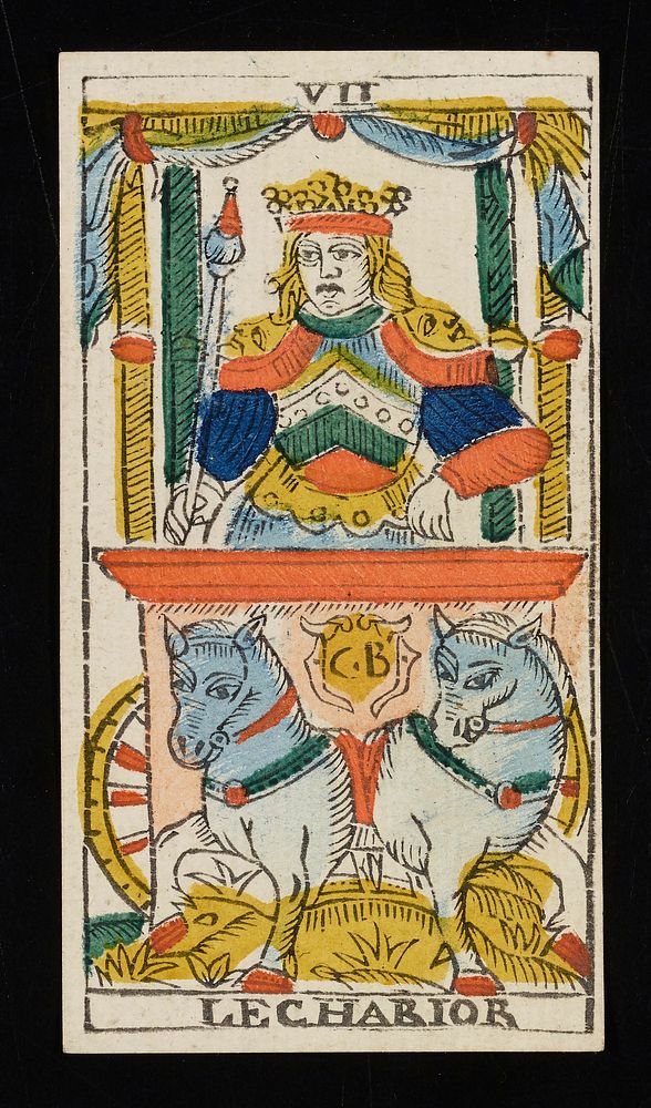 man with crown and scepter sits in ornate chariot drawn by two horses; initials CB on front of chariot; Roman numeral VII…