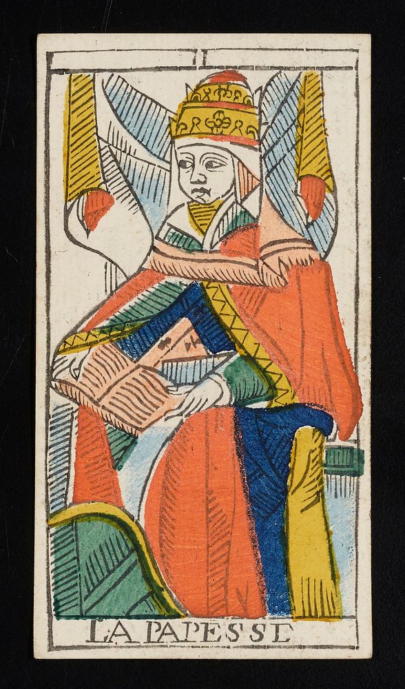 woman in tiered headdress and robe holding an open book in her lap; Roman numeral II printed on top border and LA PAPESSE…