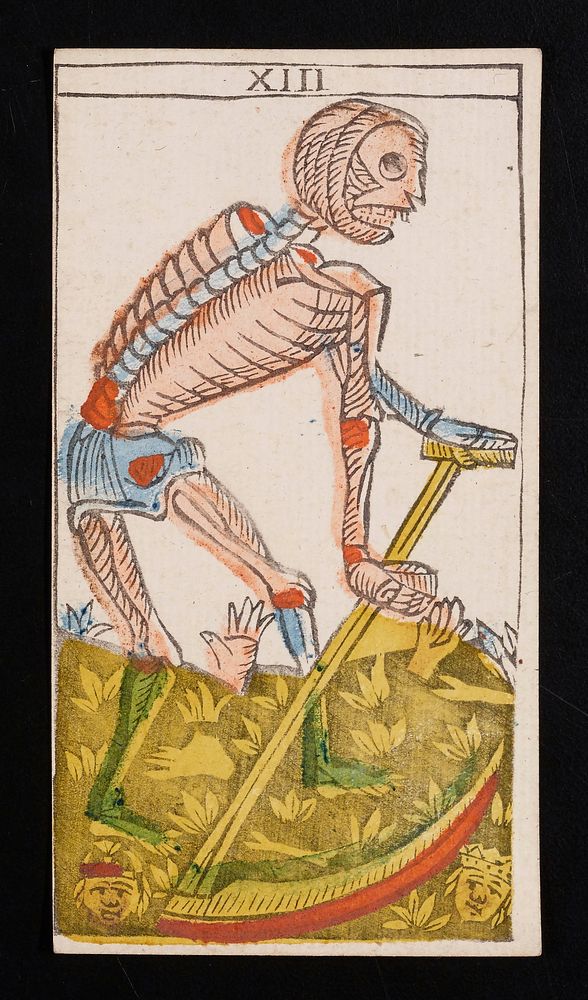 skeletal figure with harvesting tool in a field; two hands reach out from soil in the background and two disembodied heads…