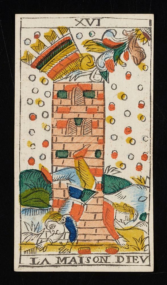 brick tower with a roof shaped like a crown being dislodged due to flames in the upper right corner; circular objects on the…
