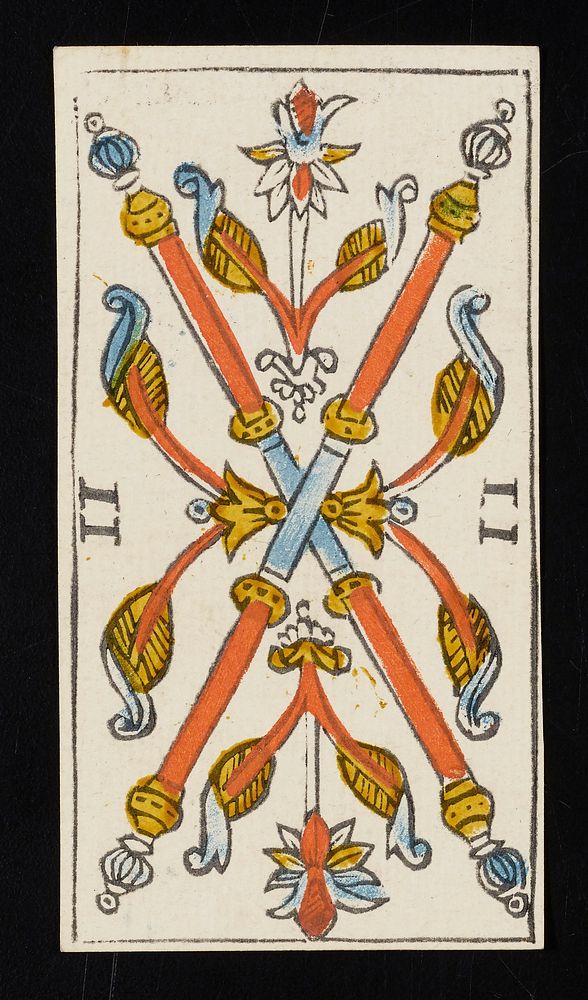 two batons with finials on their ends are crossed in the middle and flanked by floral-like designs; Roman numeral II printed…