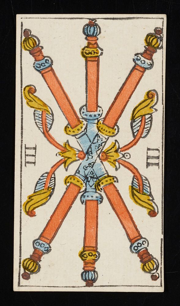 three batons with finials on their ends are crossed in the middle and flanked by floral-like designs; Roman numeral III…