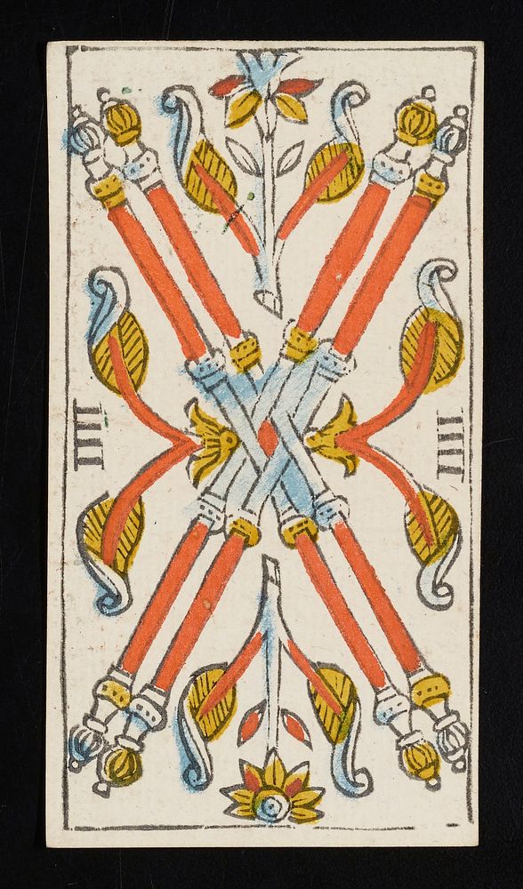four batons with finials on their ends are interlaced in the middle and flanked by floral-like designs; Roman numeral IIII…