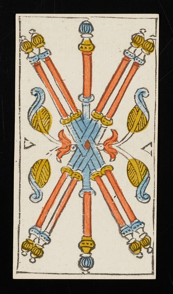 five batons with finials on their ends are interlaced in the middle and flanked by floral-like designs; Roman numeral V…