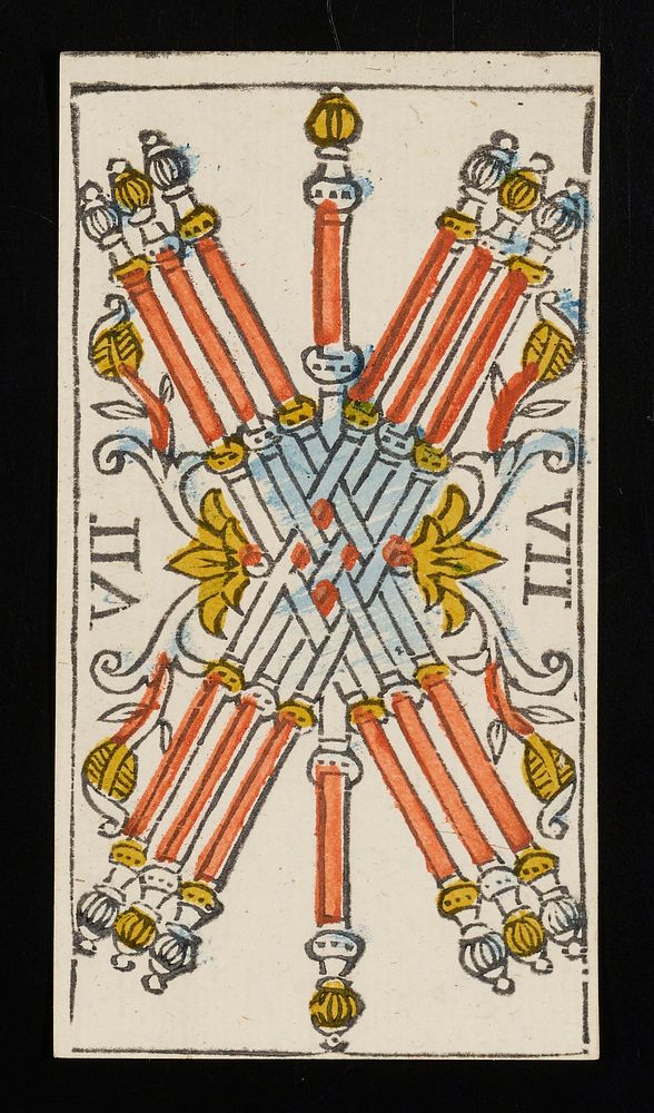 seven batons with finials on their ends are interlaced in the middle and flanked by floral-like designs; Roman numeral VII…