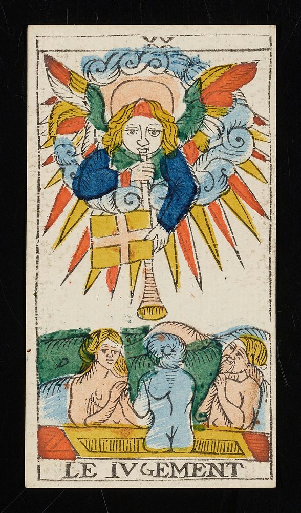 an angel blows a trumpet from which a flag with a cross hangs on the top two-thirds of the card; three figures appear on the…