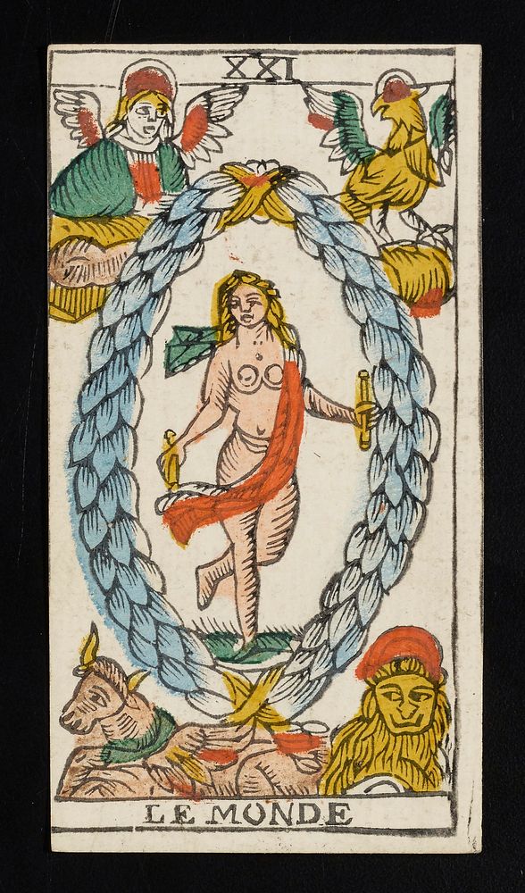 nude woman in the center of card with a baton in each hand surrounded by a large wreath; in each of the four corners…