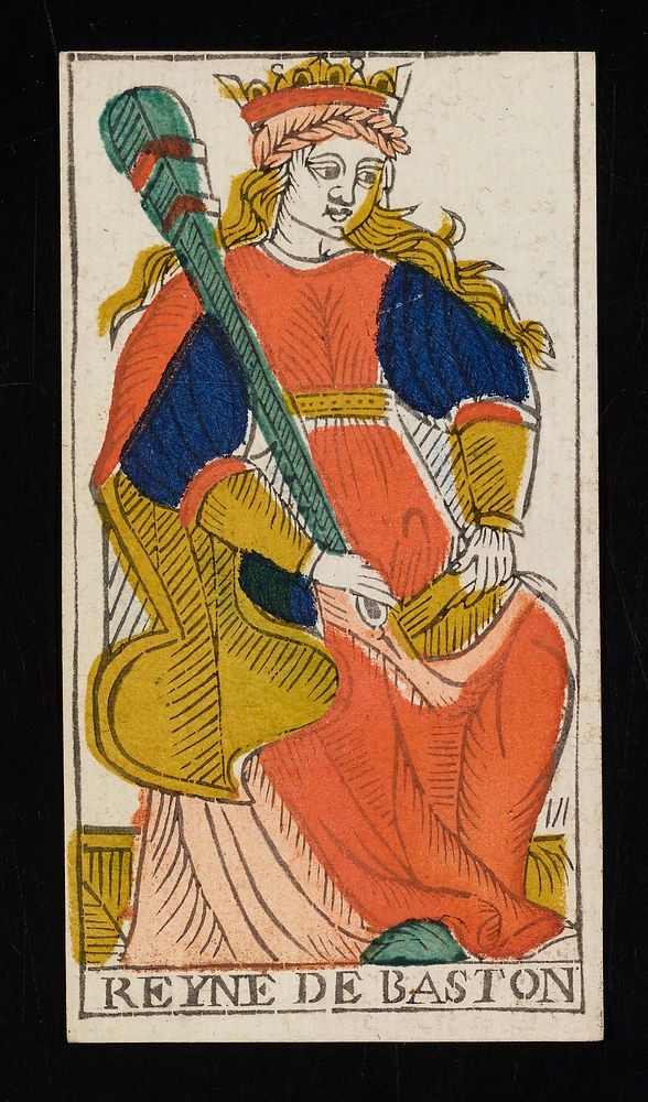 sitting woman with a crown and a large green club resting on her right shoulder; REYNE DE BASTON printed on bottom border;…