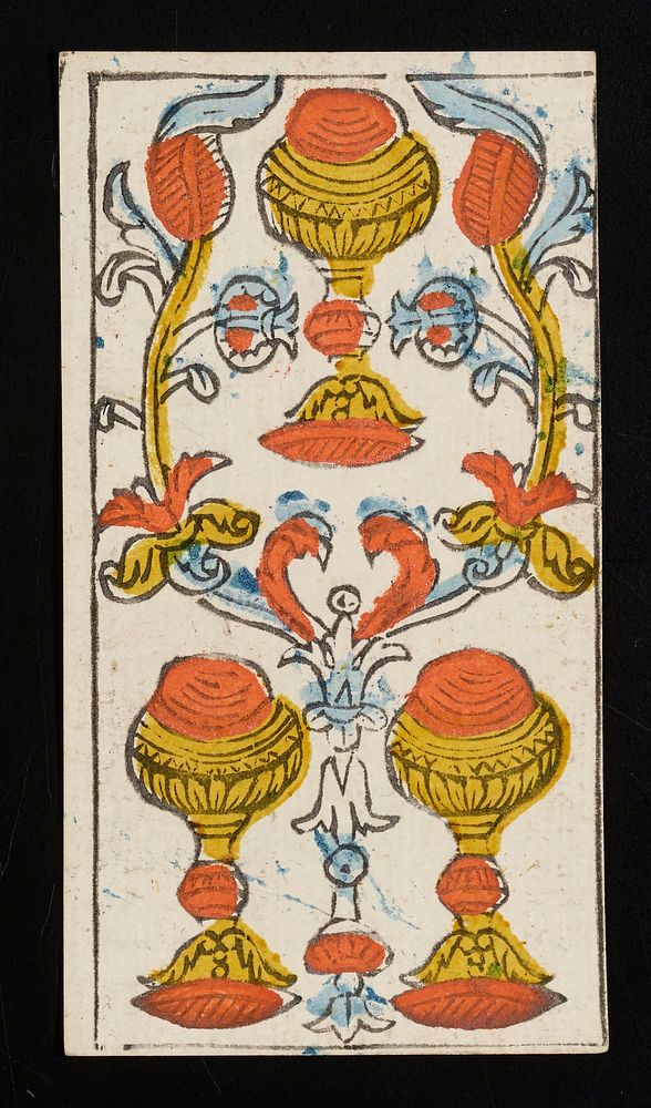 three chalices with ornate floral-like designs and uneven black borders; from a deck of 78 hand-colored triumph playing…