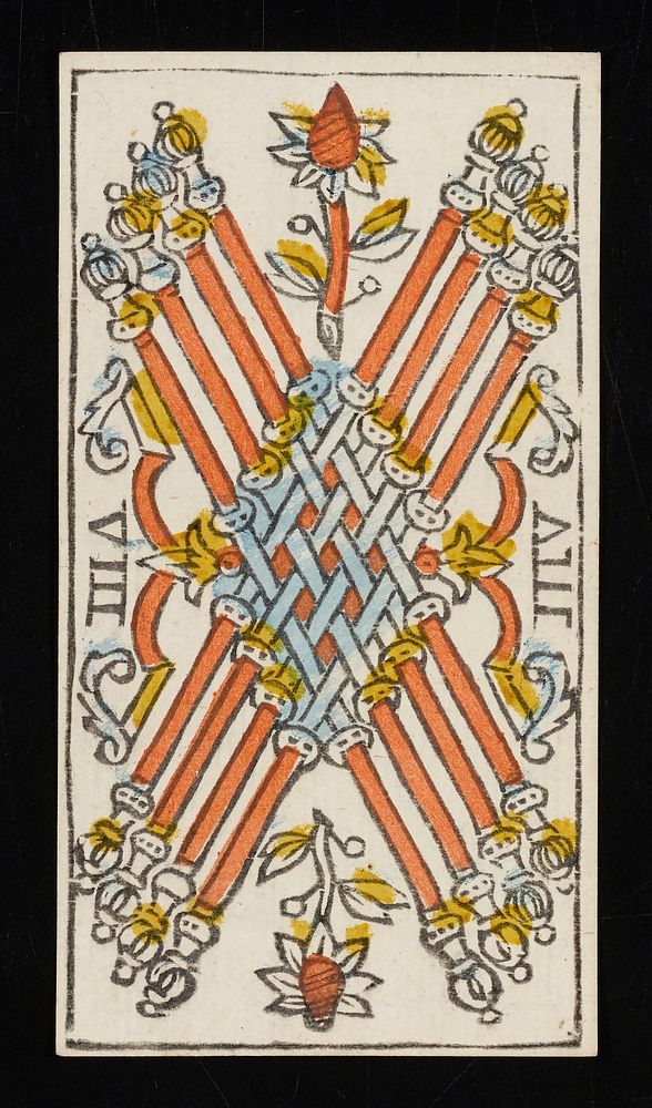 eight batons with finials on their ends are interlaced in the middle and flanked by floral-like designs; Roman numeral VIII…