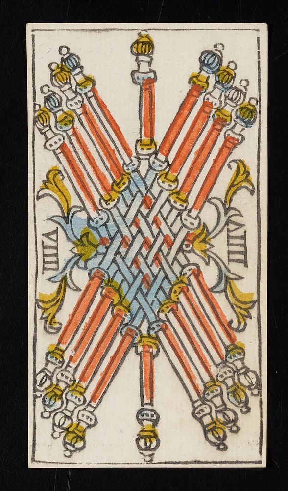nine batons with finials on their ends are interlaced in the middle and flanked by floral-like designs; Roman numeral VIIII…