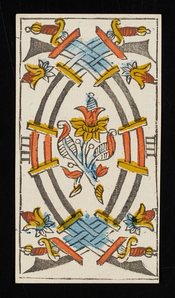 four curved swords interlaced at the top and bottom with a floral-like design situated between them; Roman numeral IIII…