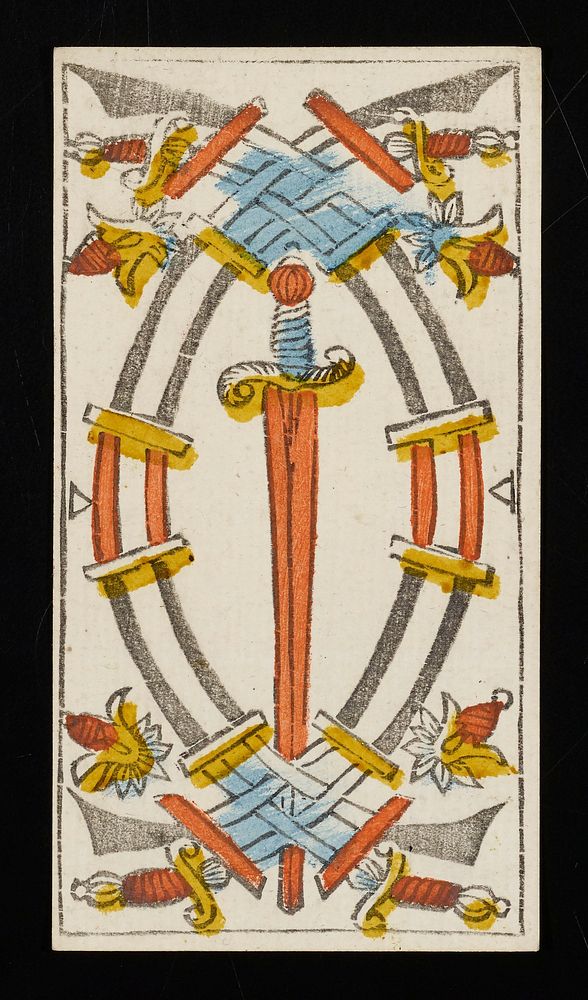 four curved swords interlaced at the top and bottom and one straight sword situated between them; Roman numeral V printed on…