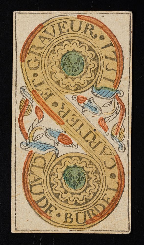 one coin on the top of the card and one on the bottom are surrounded by an S-shaped design with the text CLAUDE BURDEL…