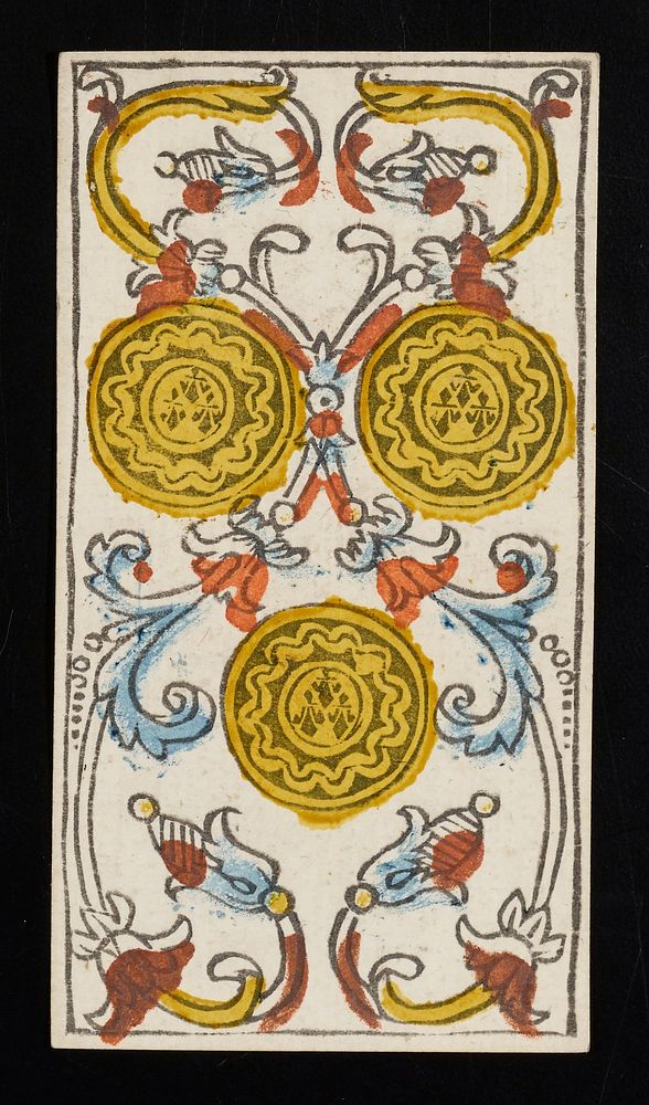 three coins with vine-like floral designs throughout; from a deck of 78 hand-colored triumph playing cards. Original from…