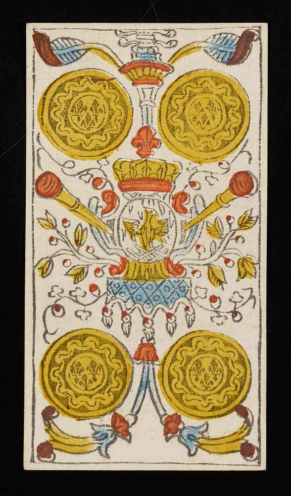 two coins at the top of the card and two coins at the bottom with a pedestal in the middle bearing a shield with an eagle…