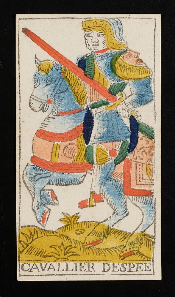 knight on horseback with a sword in his left hand; CAVALLIER DESPEE printed on bottom border; from a deck of 78 hand-colored…