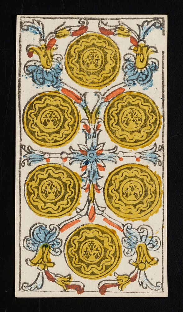 six coins surrounded by scroll-like designs; from a deck of 78 hand-colored triumph playing cards. Original from the…
