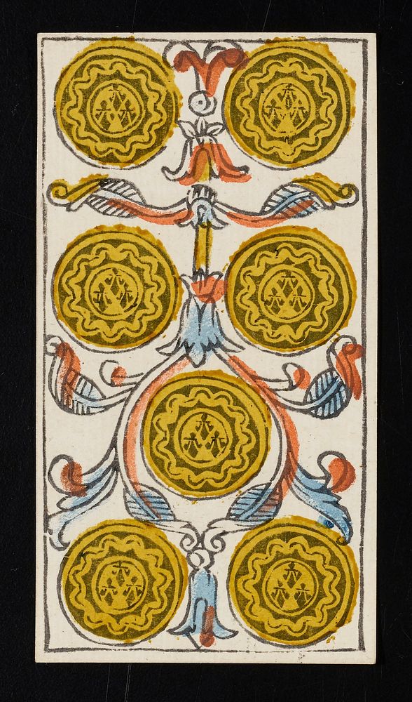 seven coins surrounded by scroll-like designs; from a deck of 78 hand-colored triumph playing cards. Original from the…