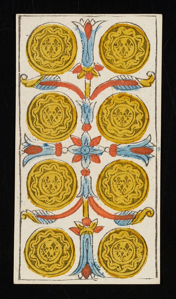 eight coins surrounded by floral-like designs; from a deck of 78 hand-colored triumph playing cards. Original from the…