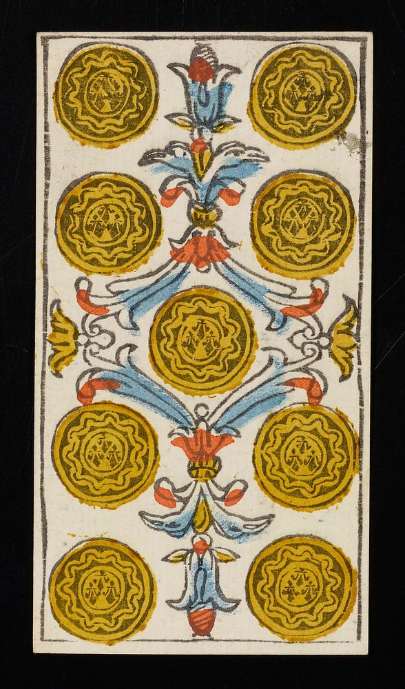 nine coins surrounded by floral-like designs; from a deck of 78 hand-colored triumph playing cards. Original from the…