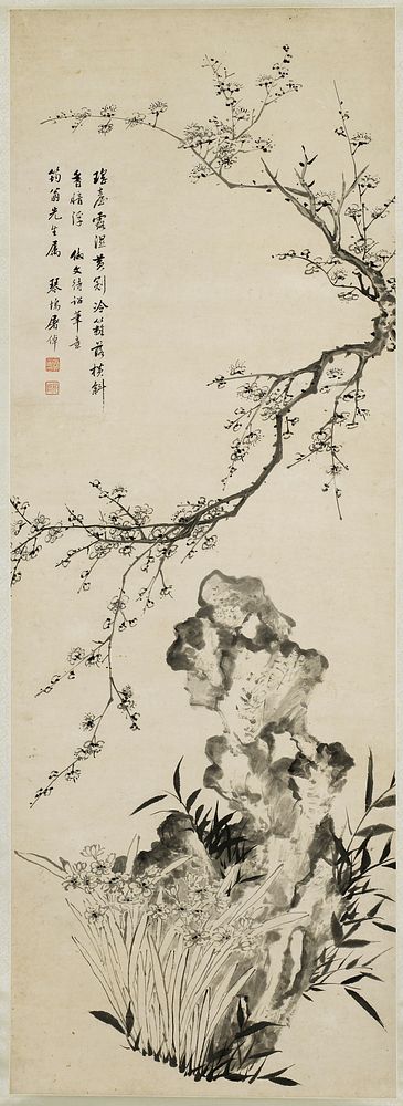 branch with blossoms extending toward left from right edge at top; irregularly-shaped rock in LRC with flowers in front.…