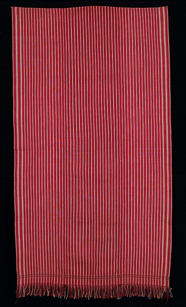red striped with narrow tan stripes; 2-1/4" fringe; small square patterned horizontal strip near fringed end. Original from…