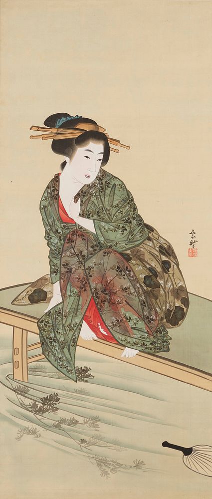 Woman crouching on a platform over water; woman wears green transparent leaf-printed garment over red undergarment; fan…