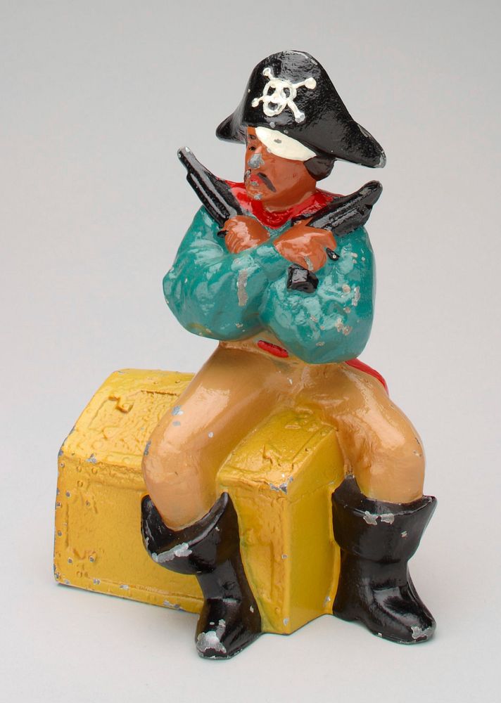 pirate with crossed arms and 2 pistols sitting on a gold treasure chest; he has black boots and black hat with a skull and…
