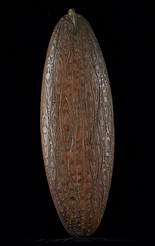 ovoid dish; shallow; bottom surface carved overall with eyeball-like designs; small protrusion on bottom on one end.…