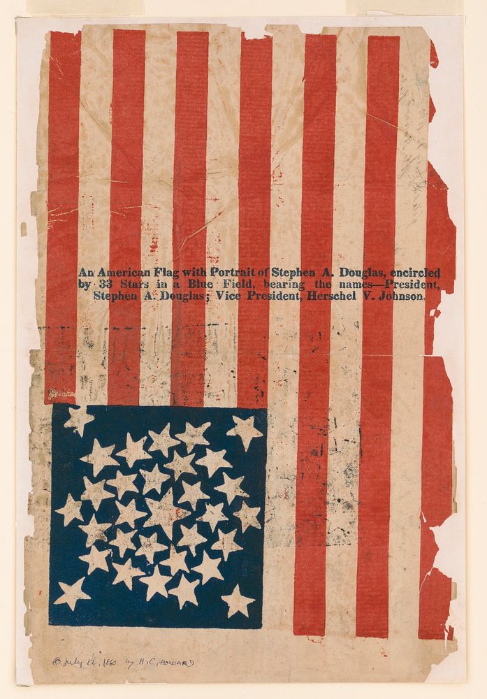 American flag campaign banner for Stephen A. Douglas and Herschel V. Johnson (1860) by H.C. Howard. Original from the…