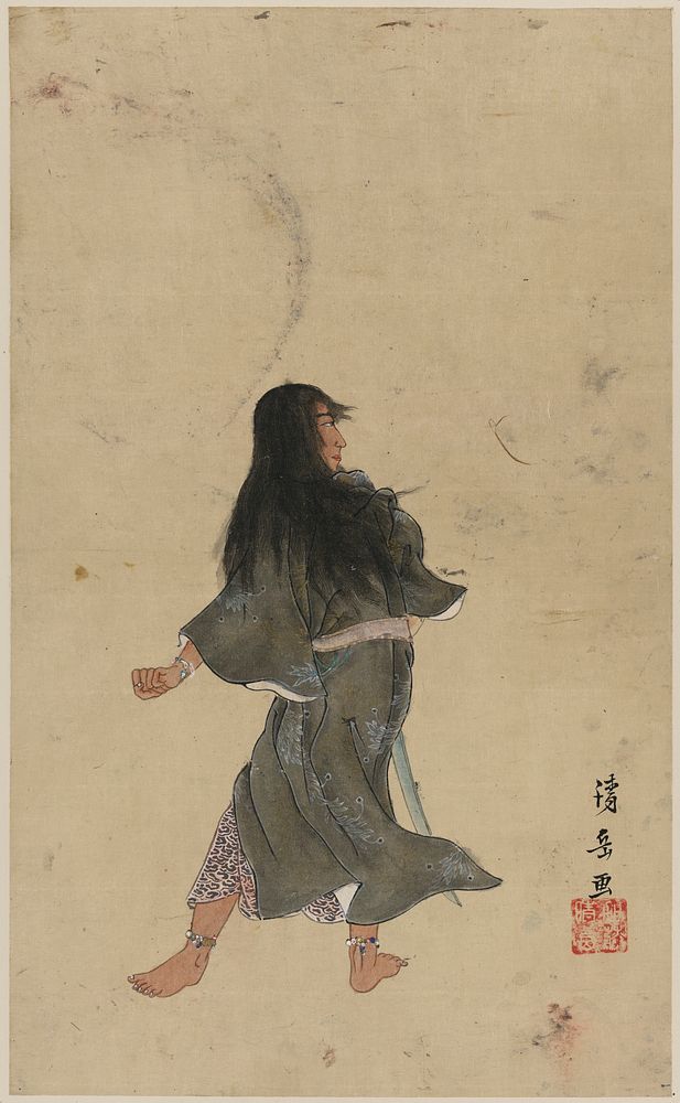 [Warrior or actor with long hair and bracelets around wrist and ankles, full-length, seen from behind, holding a sword].…