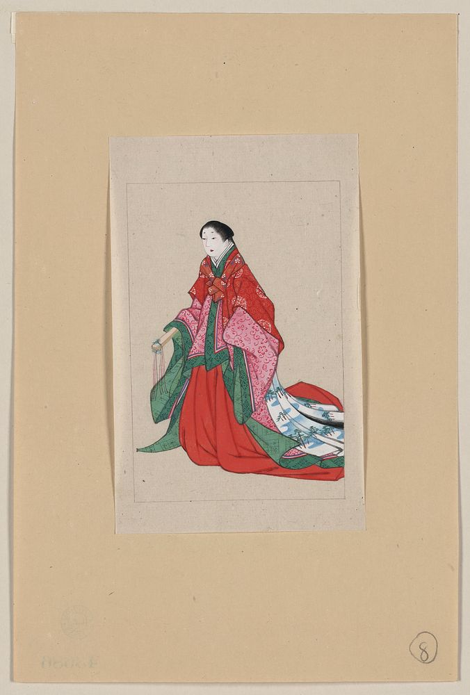 [Japanese woman, full-length, standing, facing left, wearing robes of a noblewoman, such as empress or princess; also shows…