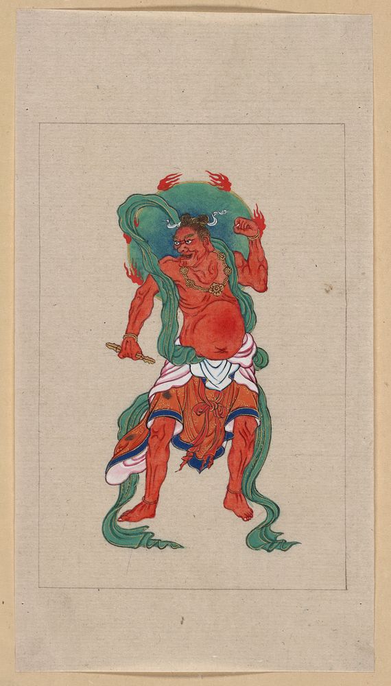 [Mythological Buddhist or Hindu figure, full-length, standing, facing front, with long green sash and flaming green halo…