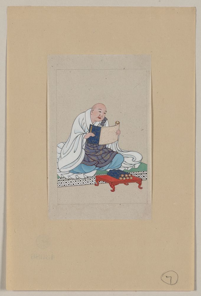 [Religious figure, probably a monk, seated, facing slightly right, reading a scroll, several scrolls are on a table in front…