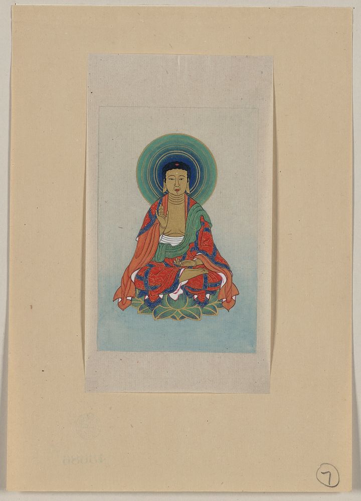 [Religious figure, possibly Buddha, sitting on a lotus, facing front, with blue/green halo behind his head]. Original from…