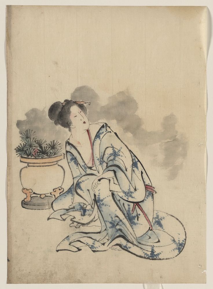 [Woman, possibly a courtesan, sitting next to a flowerpot, facing left with head turned to the right, wearing kimono with…