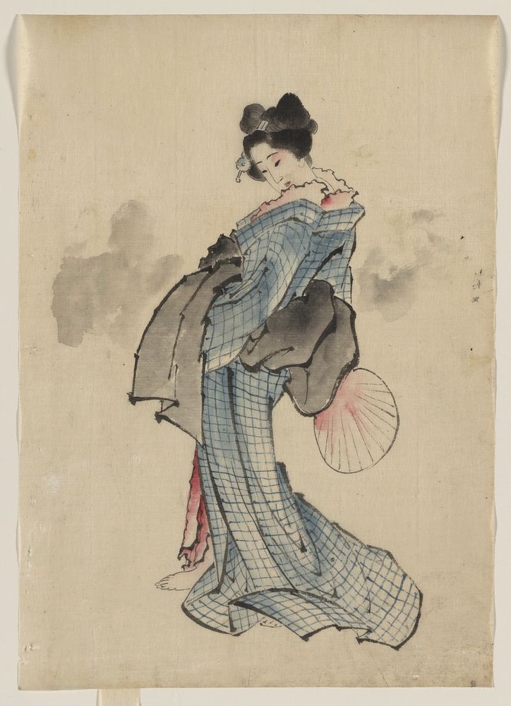 [Woman, full-length portrait, standing, facing left, holding fan in right hand, wearing kimono with check design]. Original…