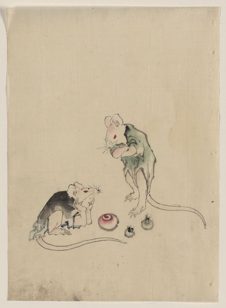 [Two mice, one lying on the ground with head resting on forepaws, the other is standing on hind legs with forepaws crossed…
