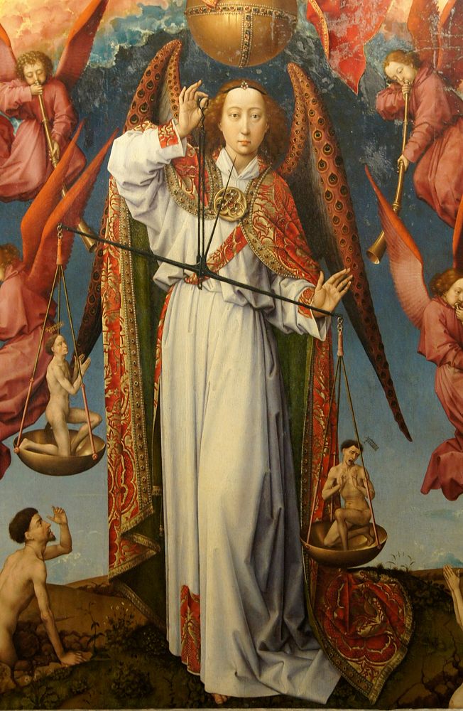 Close-up of Archangel Saint Michael weighing souls, altarpiece of the Last Judgement